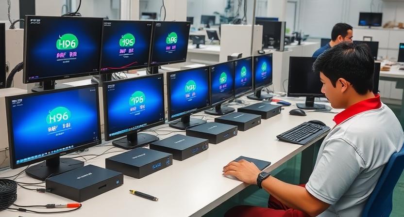Factory technician testing customized firmware on multiple H96 Max TV boxes