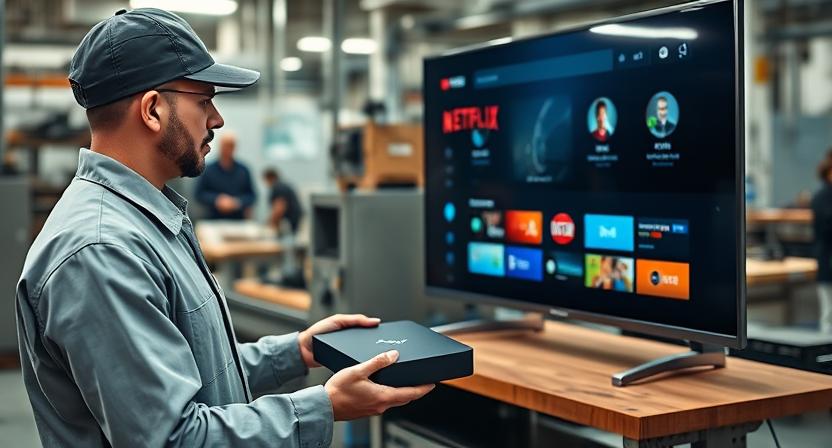 Factory technicians inspecting Android TV boxes on assembly line