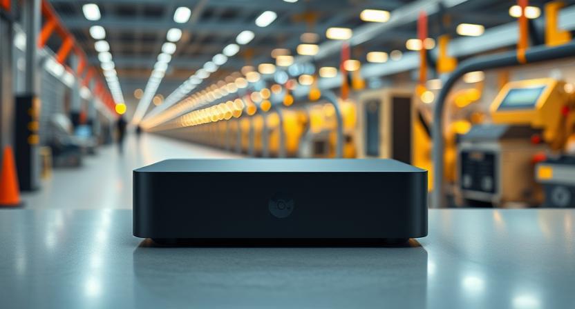 Futuristic Android 15 TV box with network glow