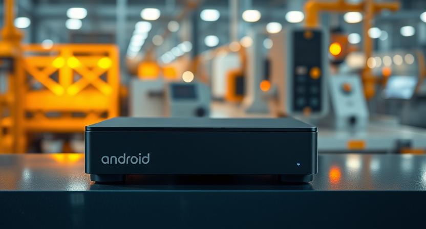 Futuristic Android 15 TV box with world map