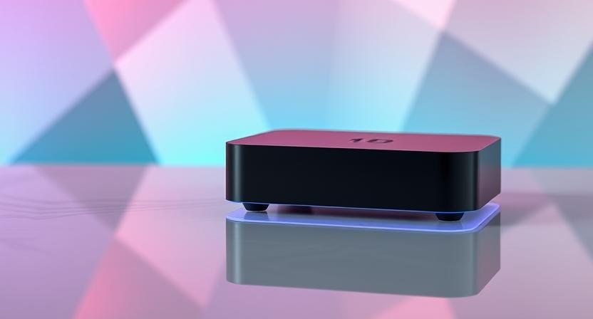 Futuristic glowing Android 15 TV box with holographic icons