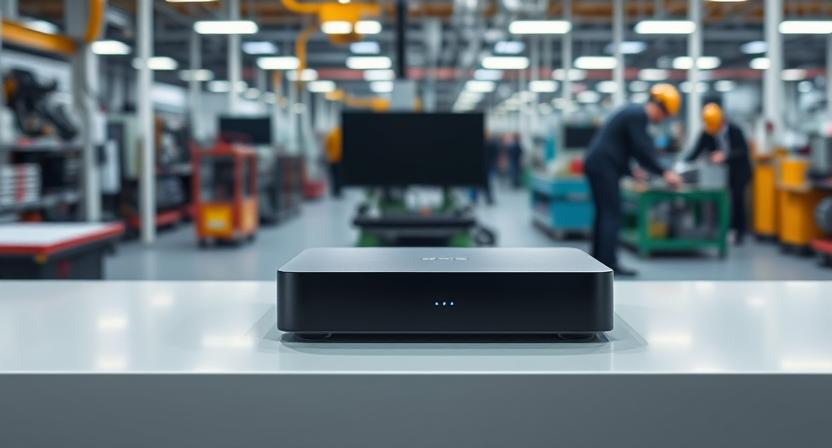 Futuristic glowing Android TV box with holographic icons