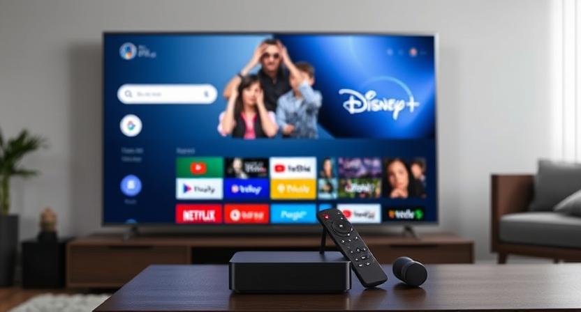 Google TV box interface with streaming apps and Google Assistant remote