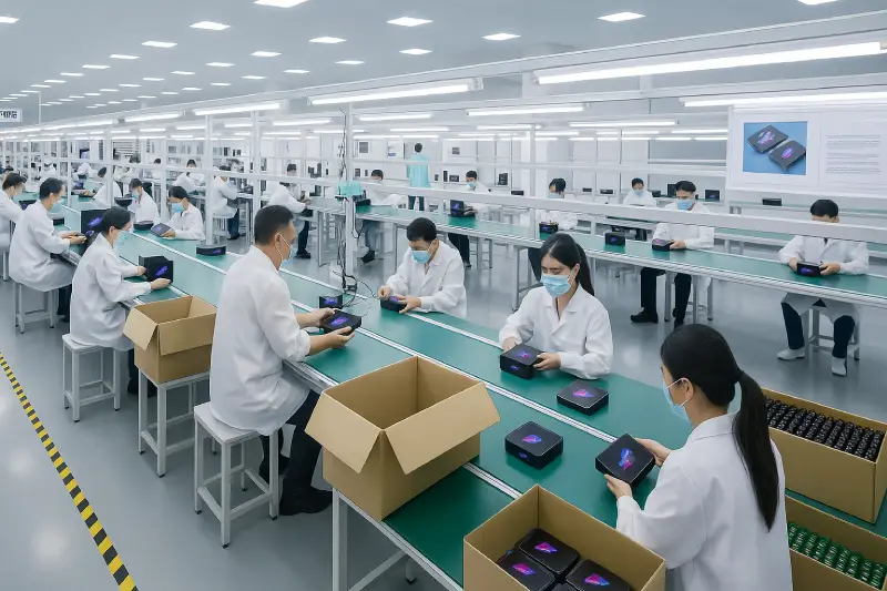 Chinese factory workers assembling RK3518 Android TV Boxes in production line