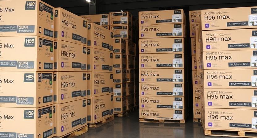 H96 Max Android TV box factory-ready packaging with bulk boxes