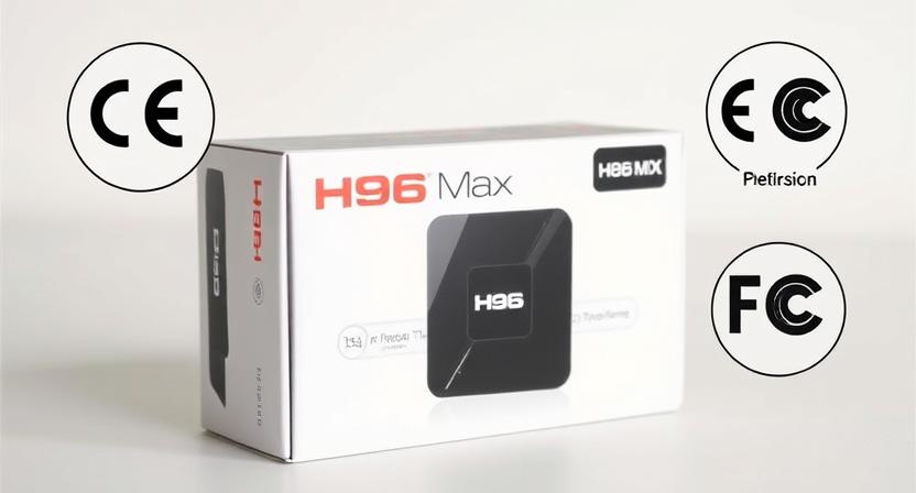 H96 Max Android TV box packaging with CE and FCC logos highlighted