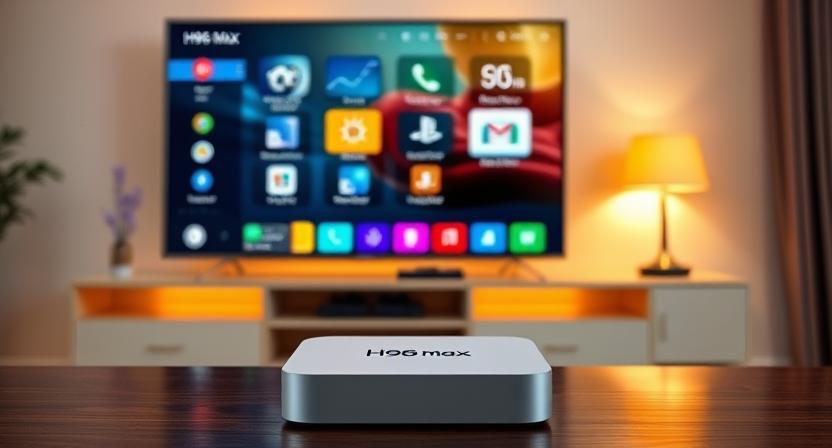 H96 Max Android box with customized UI on TV screen