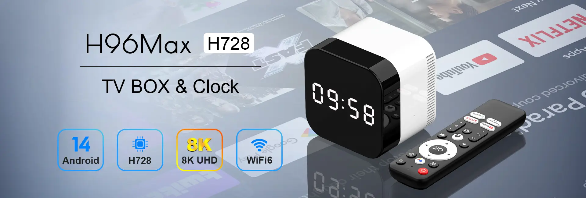H96 Max H728 – Android 14 TV Box with Clock &amp; 8K Output