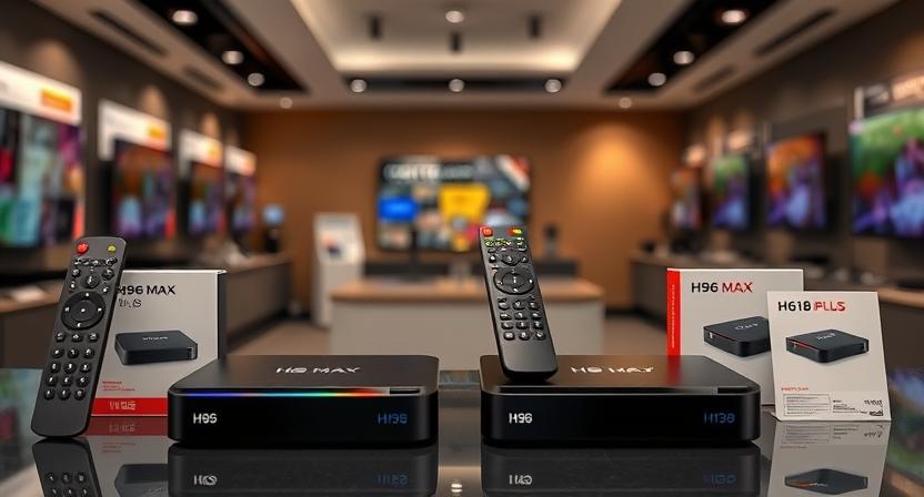 H96 Max M1 PLUS TV box and H96 Max H618 PLUS side-by-side