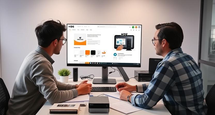 H96 Max OEM team designing custom TV box packaging on computer