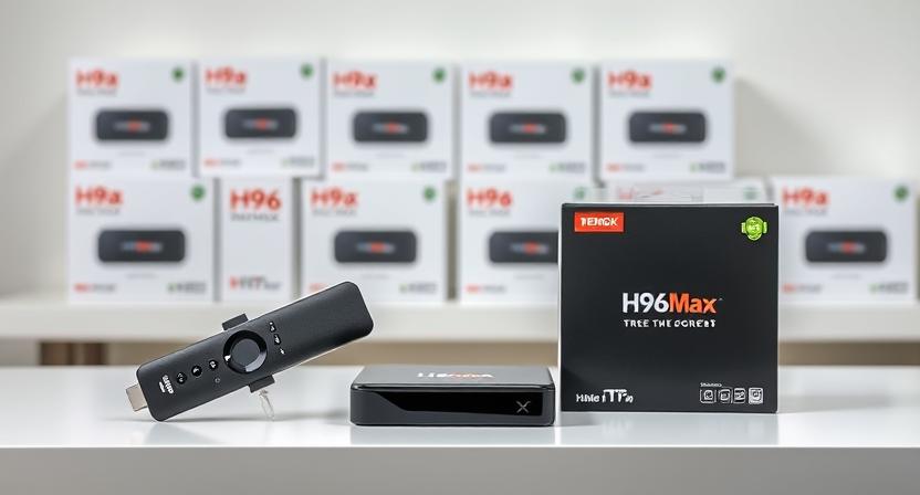 H96 Max TV Stick and TV Box shown with OEM packaging