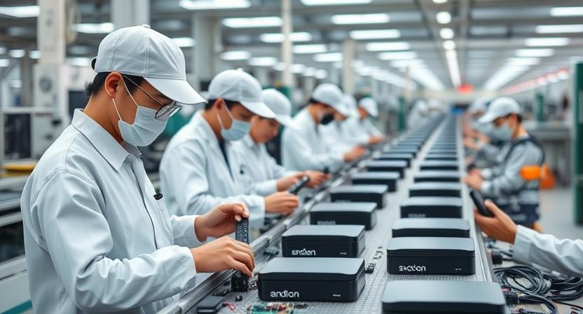 H96 Max TV boxes being customized at a modern OEM/ODM manufacturing line