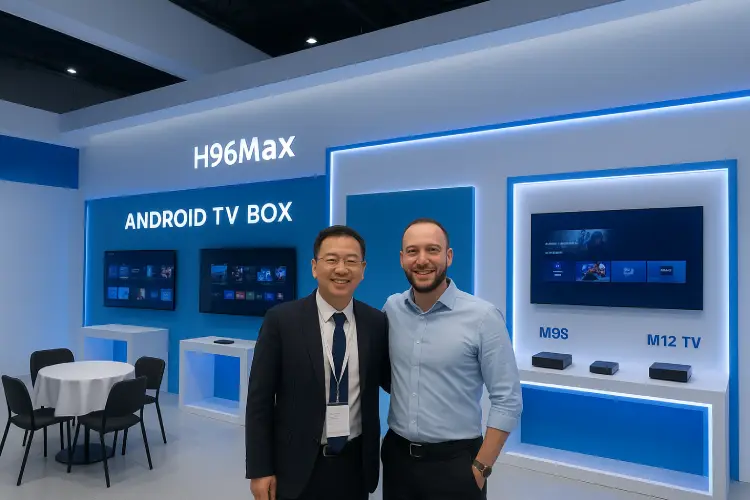 H96 Max Team Posing with Clients at Hong Kong Electronics Trade Show