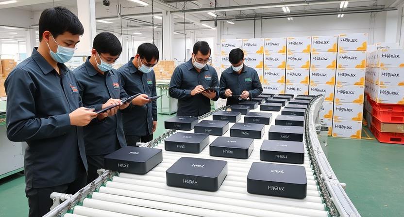 H96 Max factory team inspecting Android TV boxes on production line