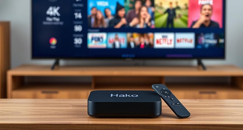 Hako Pro Google TV box with remote and 4K display