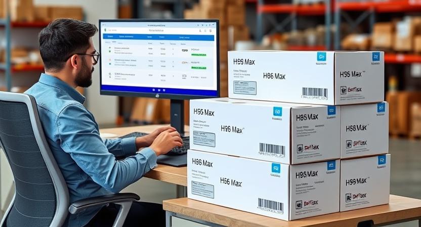Logistics manager coordinating TV box shipment on computer with H96 Max boxes nearby