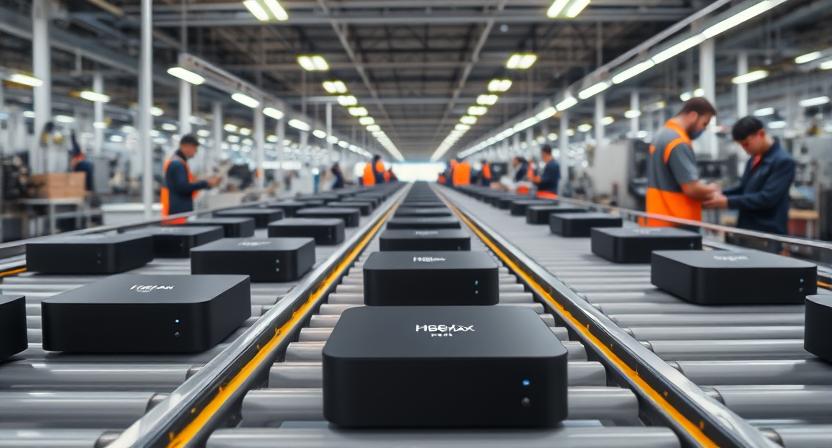 Modern Android TV box manufacturing factory with assembly line and quality control