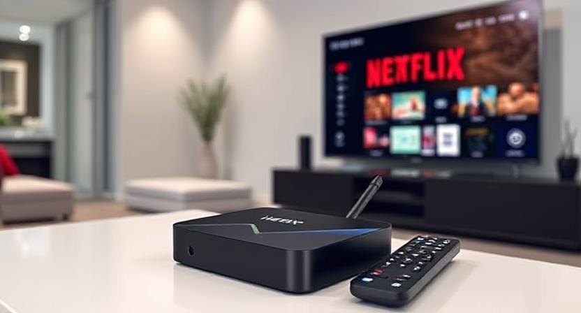 Modern H96 Max Android TV box connected to a large TV streaming Netflix