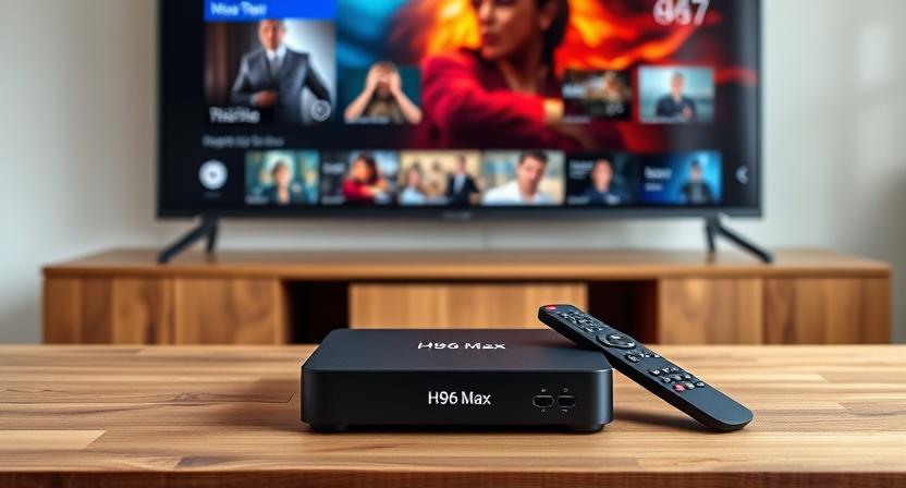 Modern smart TV box with H96 Max logo connected to a large TV streaming movies