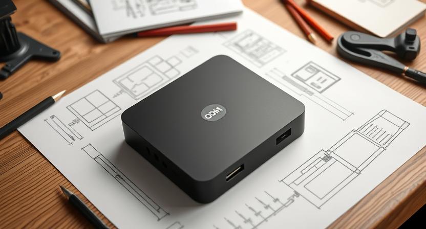 ODM Android TV Box prototype design sketches on a table