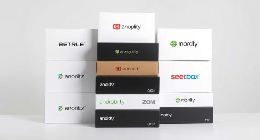 OEM Android TV boxes stacked with different company logos on packaging