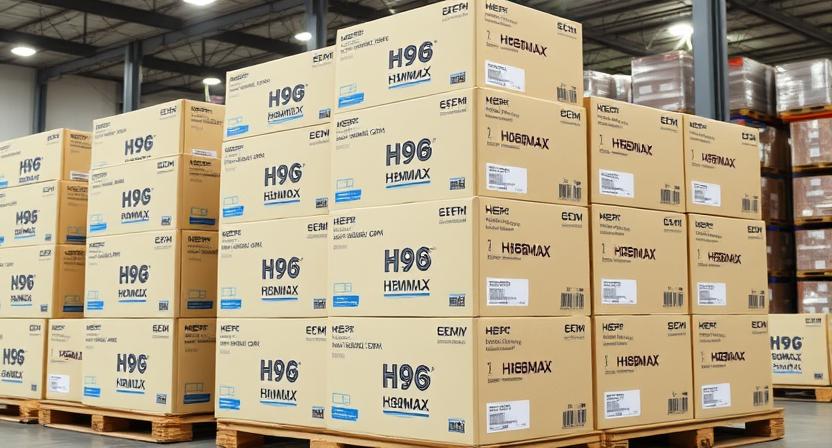 OEM branded master cartons with H96 Max TV boxes stacked for shipment