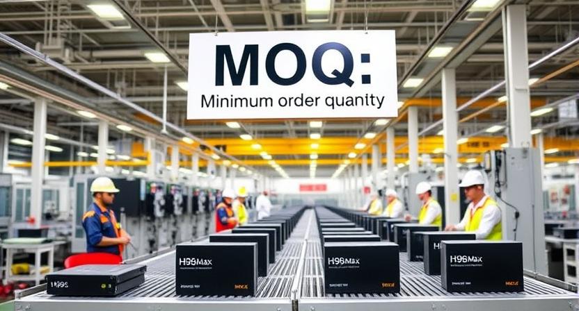 A modern OEM production line inside a spacious factory, showing multiple Android TV boxes (with visible H96 Max logos) moving along a conveyor belt. A clear, large sign displaying ‘MOQ: Minimum Order Quantity’ is prominently hung above the production area. Factory workers wearing uniforms and safety gear are monitoring the assembly process. Bright lighting and clean environment highlight the high-tech manufacturing setup.