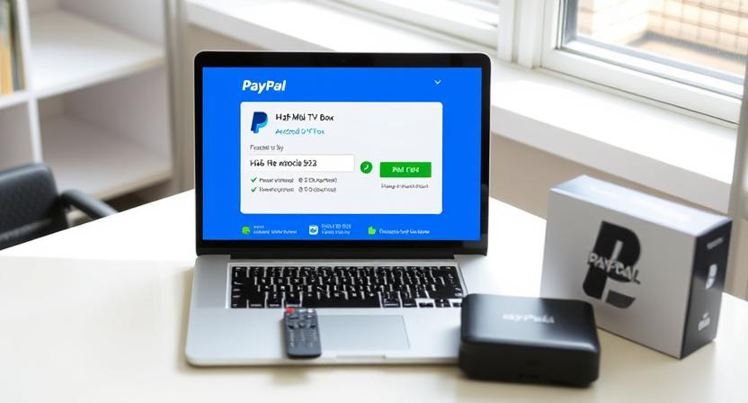 PayPal payment screen on laptop with Android TV box order confirmation