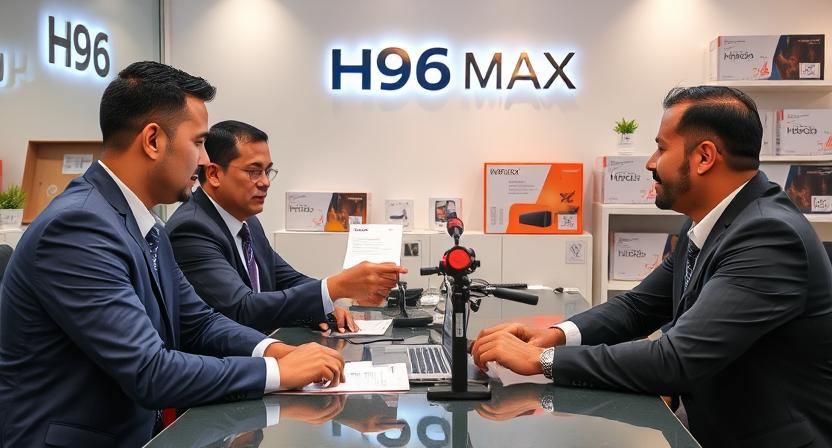Sales team confirming payment with customer at H96 Max office