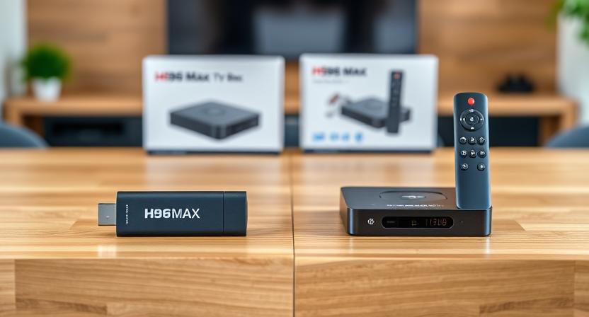 Side-by-side comparison of H96 Max TV stick and Android TV box on a table