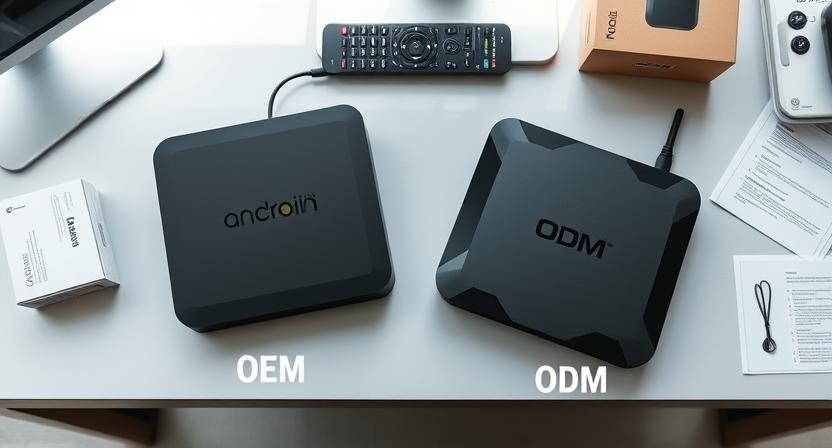 Side-by-side comparison of OEM vs ODM Android TV boxes on a desk
