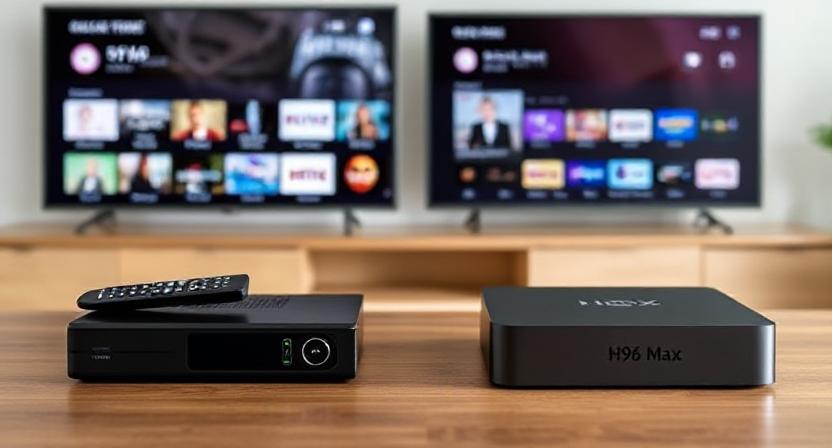Side-by-side comparison of settop box and smart TV box on a table