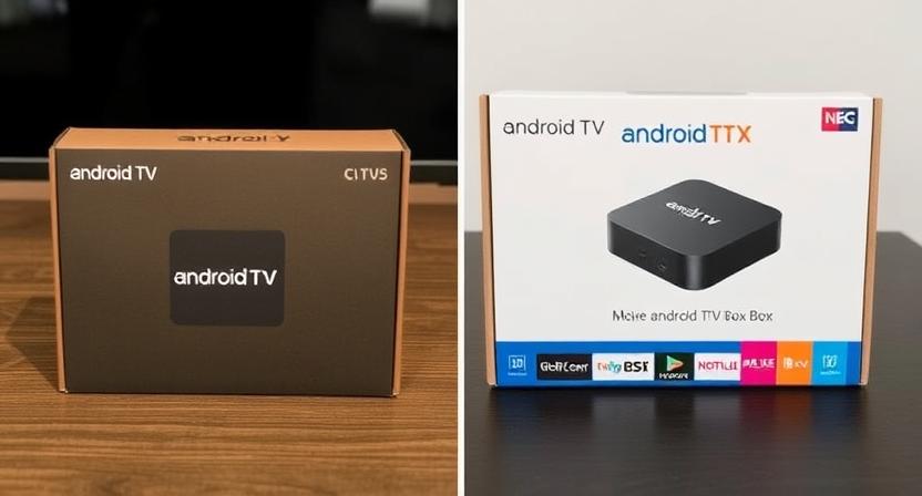 Side-by-side comparison of standard and custom-branded Android TV box packaging