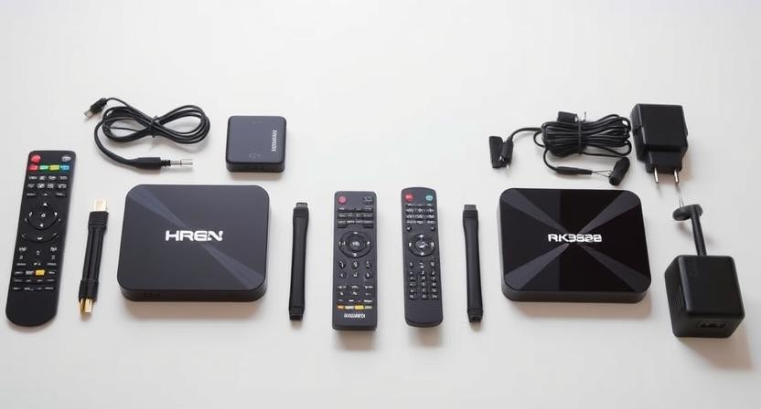 Side-by-side display of H96 Max M2 PLUS and RK3528 TV Boxes with accessories and remote controls