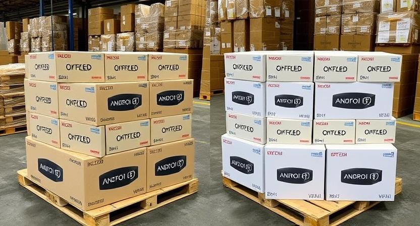 Side-by-side display of multiple custom-branded Android TV boxes ready for shipment