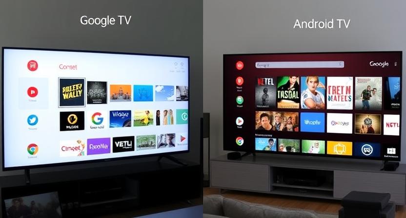 Side-by-side interface comparison of Google TV and Android TV