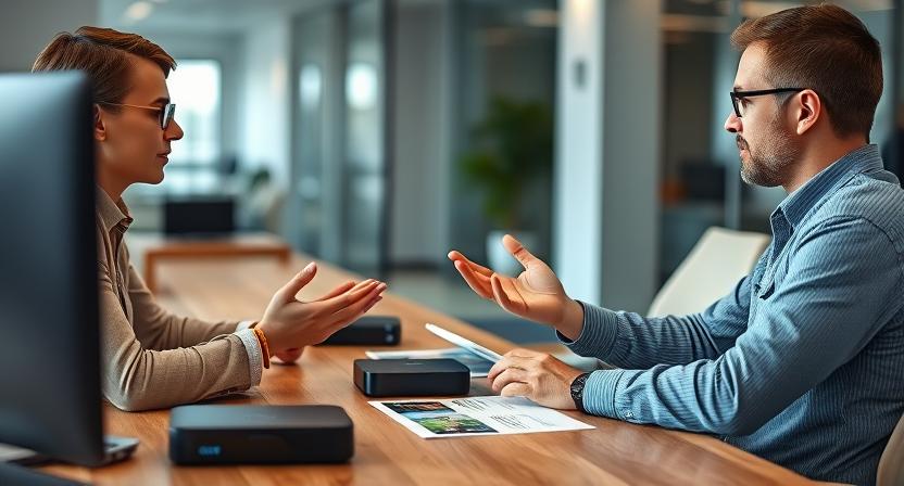 Small business owner discussing MOQ with a TV box supplier