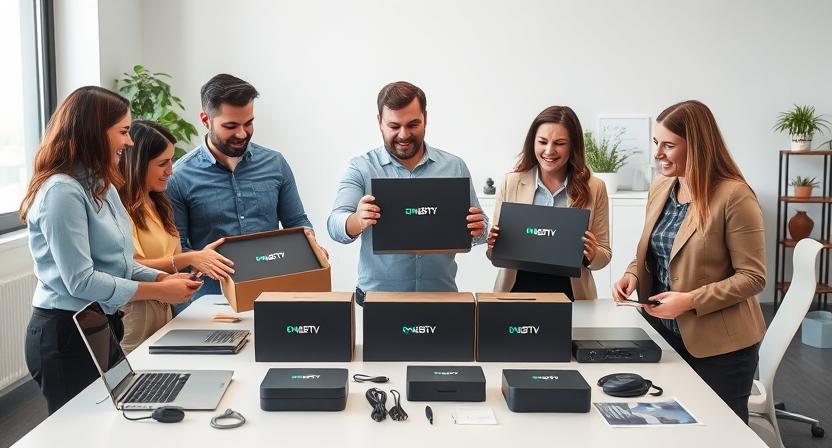 Small business team unboxing customized OEM Android TV Boxes
