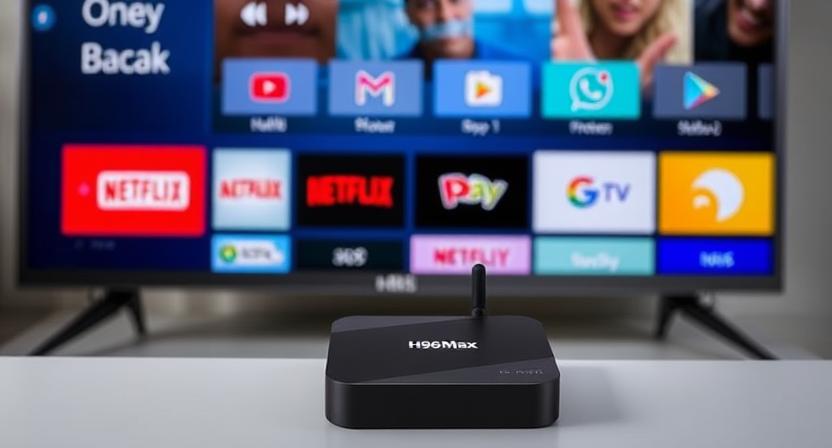 Smart Android TV box connected to TV displaying YouTube, Netflix, and Google Play icons