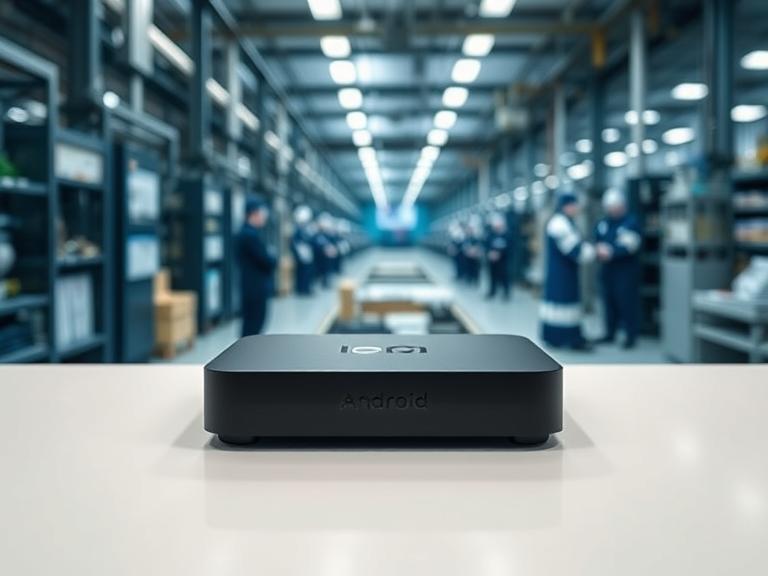 Android 15 TV box with bright factory background