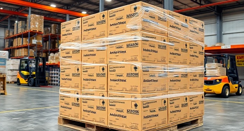 Stack of bulk-packaged Android TV boxes ready for international shipment