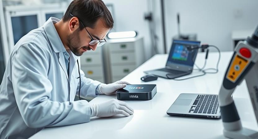 Technician checking a single H96 Max TV box sample
