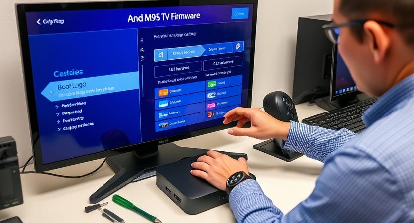 Technician configuring OEM firmware development on H96 Max M9S TV Box.