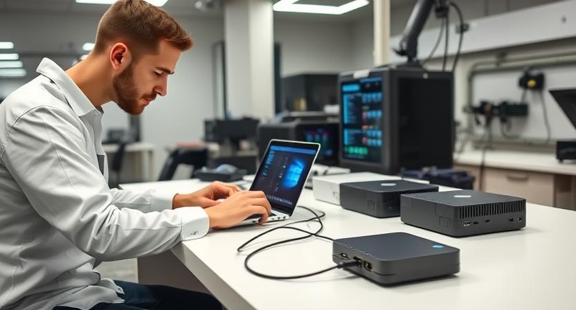 A technician in a modern electronics lab configuring firmware on a small batch of H96 Max Android TV boxes. The technician is using a laptop connected via USB cables to multiple TV boxes on a clean workbench. The boxes are arranged neatly, representing small MOQ orders. The scene includes subtle tech equipment in the background, bright professional lighting, realistic style, high detail, perspective from slightly above showing both the technician and the devices, no text or labels, focus on hands-on firmware configuration.