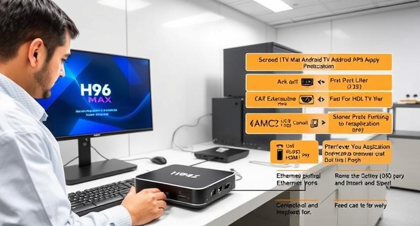 A technician in a modern lab environment is testing an H96 Max Android TV box, with the device connected to a monitor displaying the boot-up screen. The H96 Max logo is clearly visible on the box. The technician is also running APK applications on the connected screen and checking various ports and interfaces on the TV box, such as USB, HDMI, and Ethernet, using diagnostic tools. The workspace is well-lit, clean, and organized, emphasizing thorough functional testing