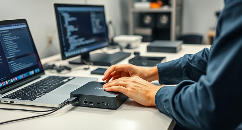 Technician setting up firmware customization on Android TV box