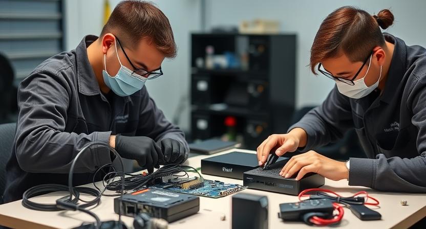 Technicians assembling Android TV boxes with high-quality components like RK3528 and S905X4