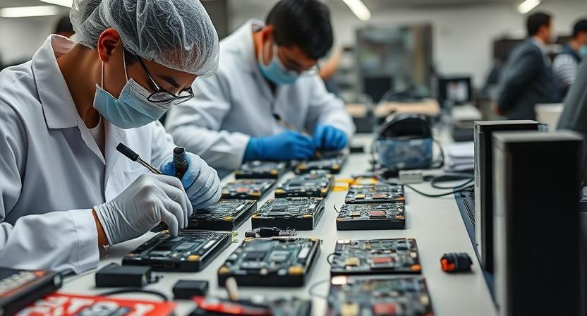 Technicians customizing Android TV Box PCBAs with branded elements