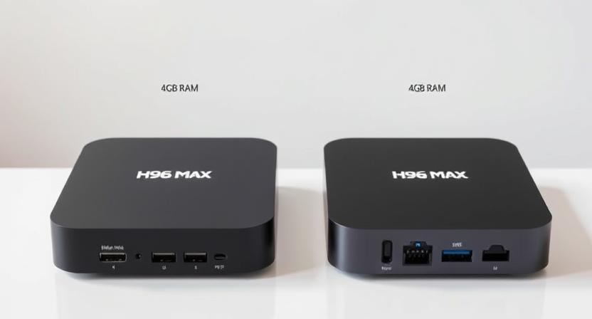 Two H96 Max TV box 4GB RAM models side by side on a white table