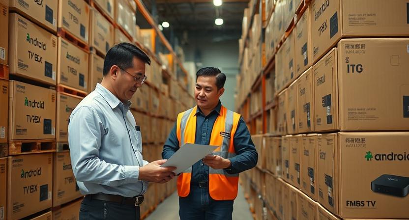Warehouse manager planning large-volume smart TV box shipments